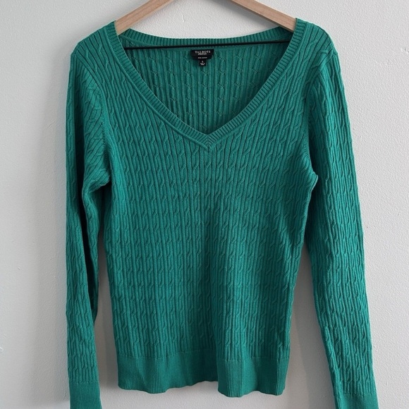 Talbots Petties Pima Cotton Kelly Green Cable Knit V Neck Sweater Size MP - Picture 1 of 15